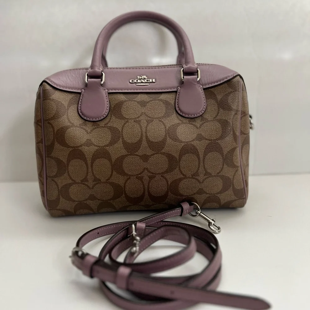 Coach Small Rowan CC signature brown and Lilac trim Crossbody Bag - Picture 2 of 15